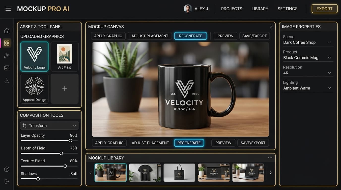 AI Mockup Generator — product canvas with realistic lifestyle presentation