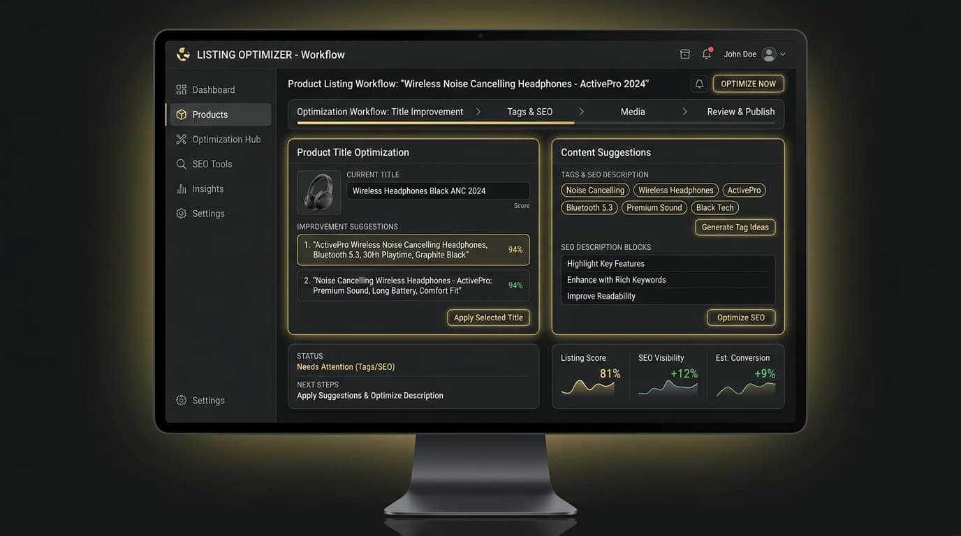 AI-powered listing optimization dashboard — titles, tags, and descriptions