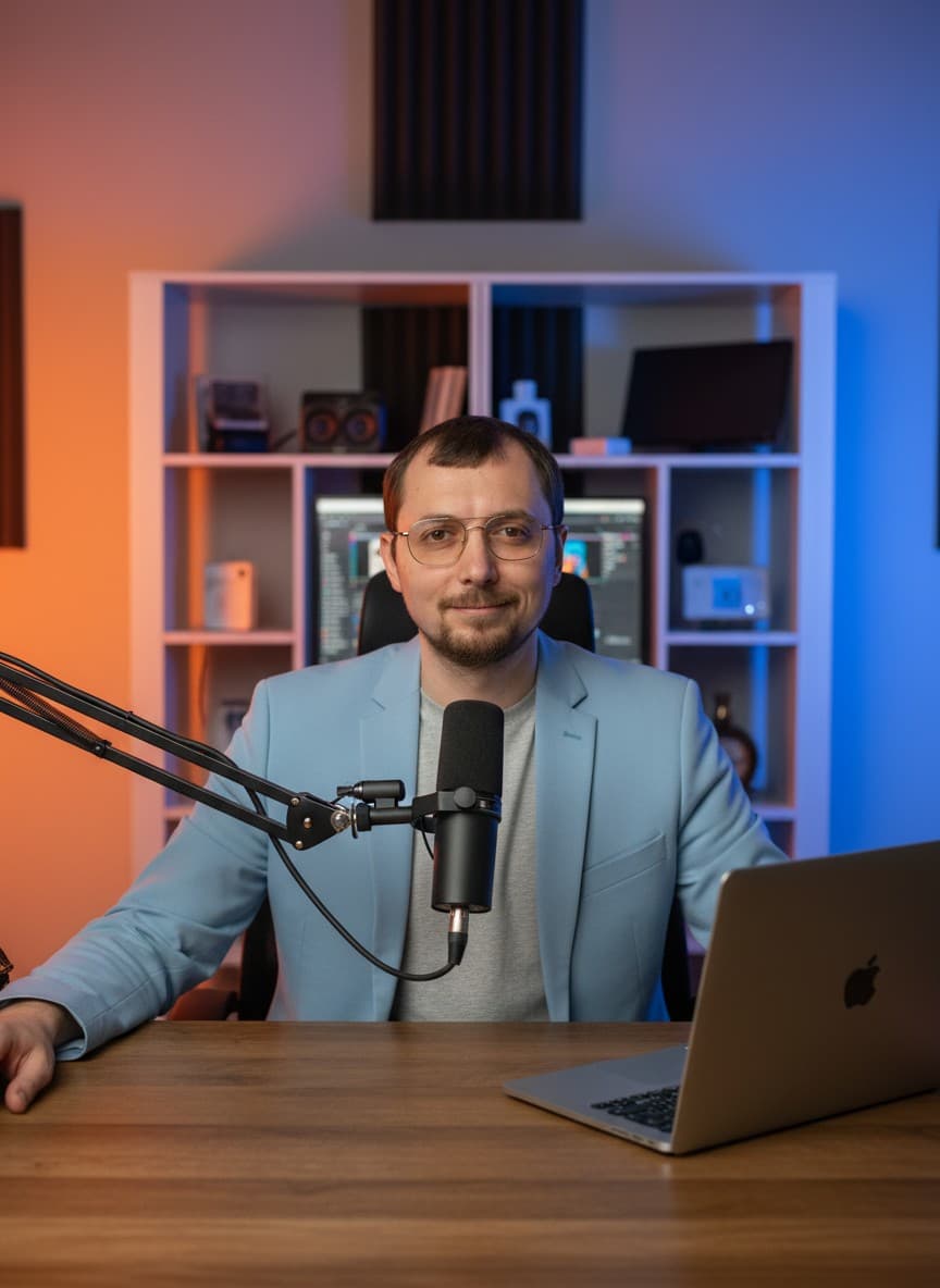 Andriy at his studio setup with microphone and MacBook