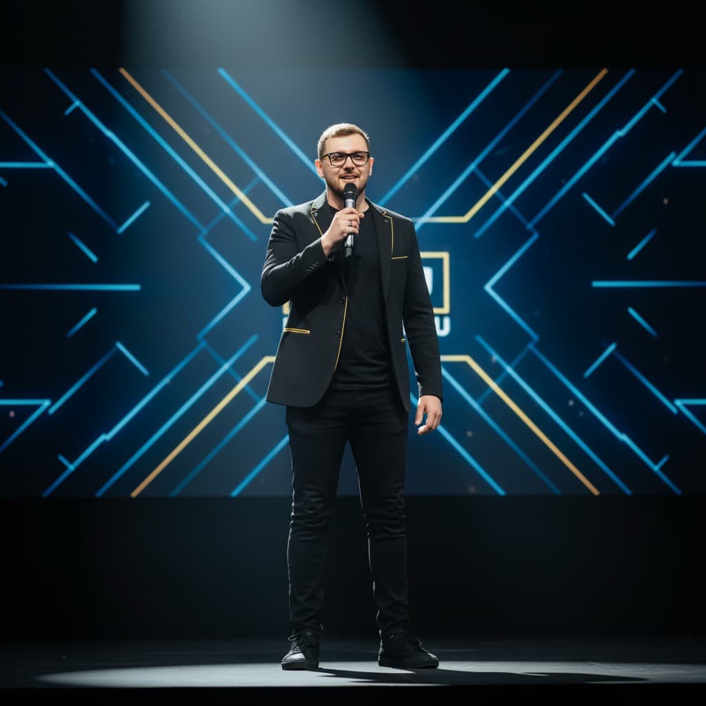 Andriy speaking at a tech conference on stage