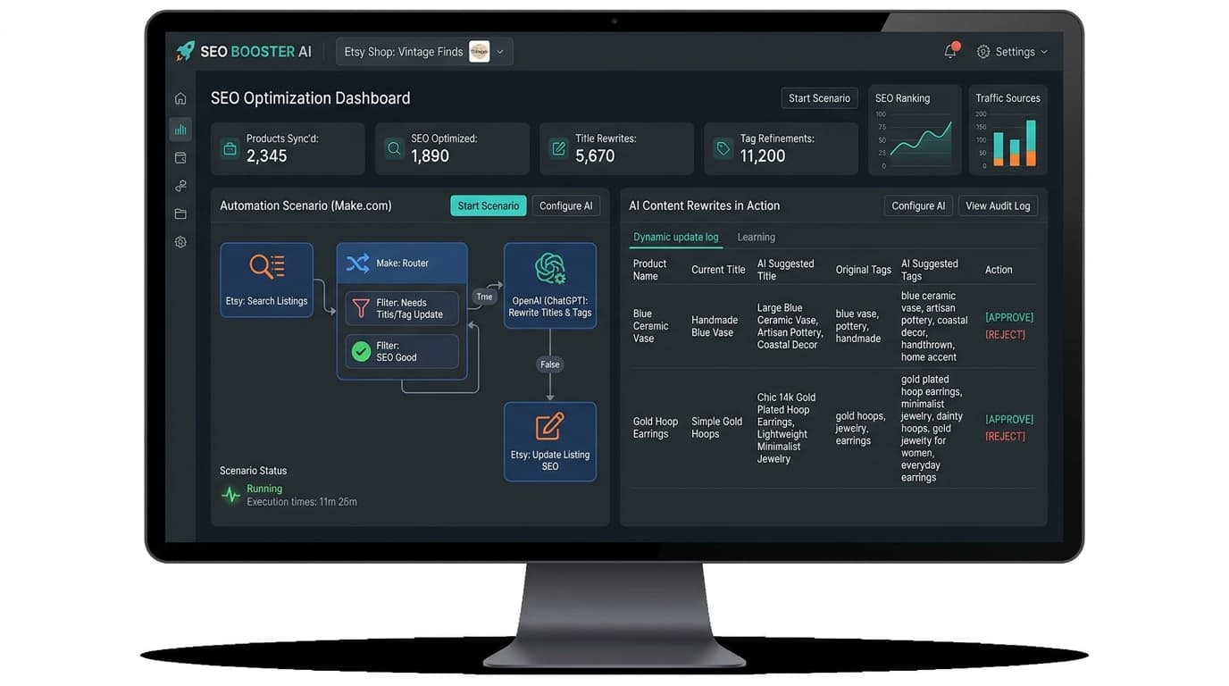 Make.com Etsy listing SEO update automation