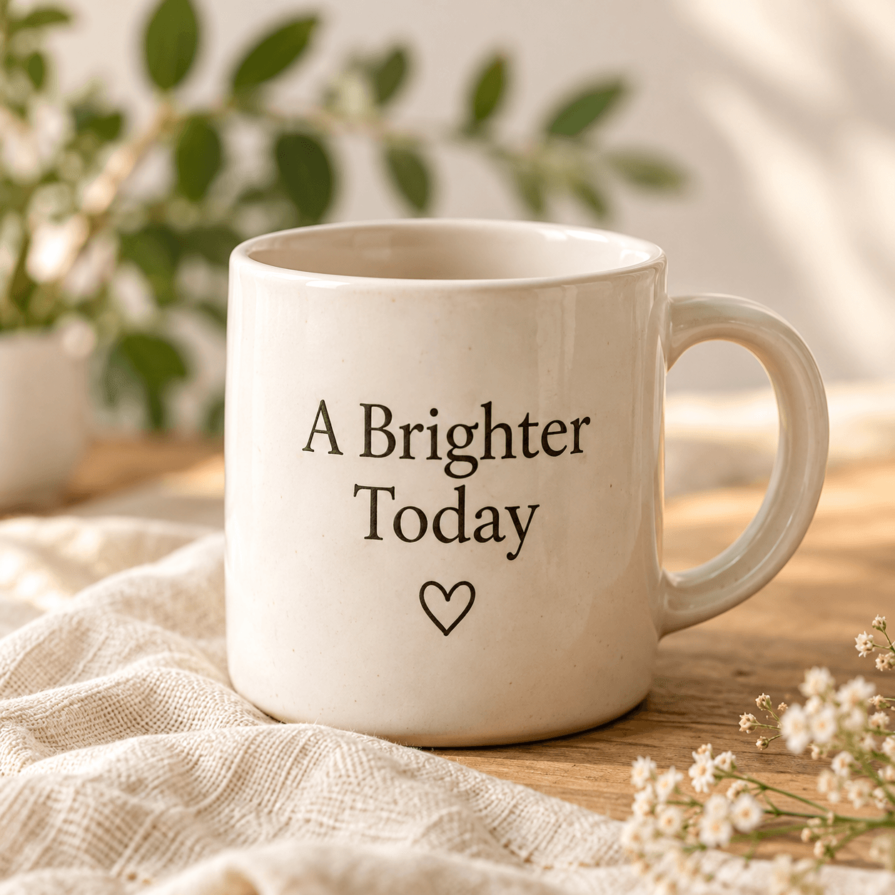 Ceramic mug with A Brighter Today lettering