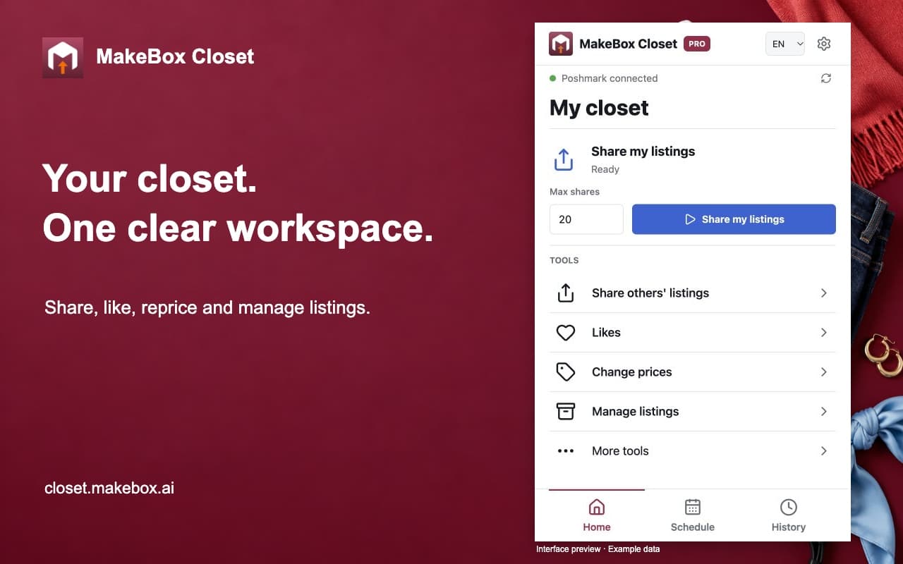 MakeBox Closet interface preview with tool navigation and run activity; example data